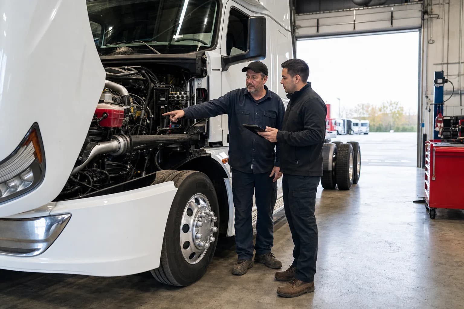Wholesale Truck Exchange technician and buyer inspecting a truck engine